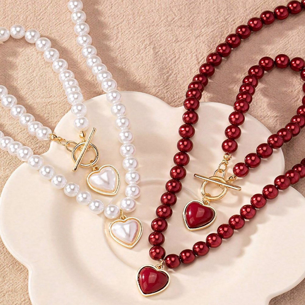 Heart-Shaped Beaded Pendant Bracelet and Necklace Set