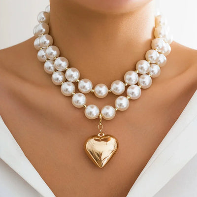 Striking Layered Heart Necklace with Bold Pearl Accents