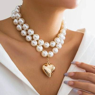 Striking Layered Heart Necklace with Bold Pearl Accents