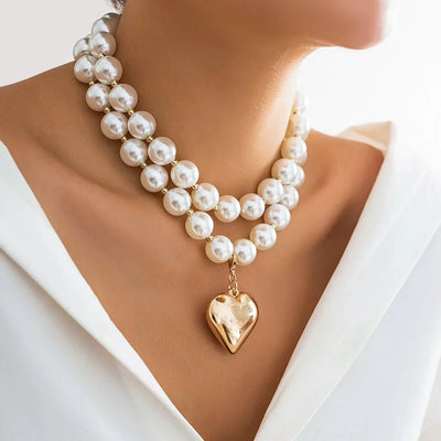 Striking Layered Heart Necklace with Bold Pearl Accents
