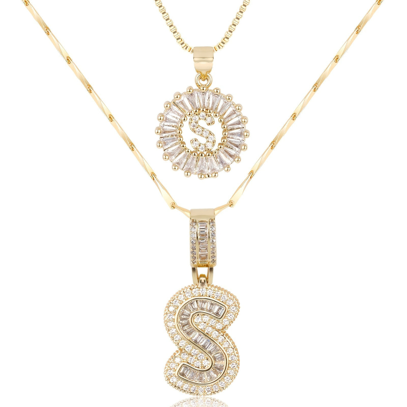 Pair of 14k Gold Initial Necklaces Adorned with Diamonds