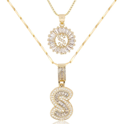 Pair of 14k Gold Initial Necklaces Adorned with Diamonds