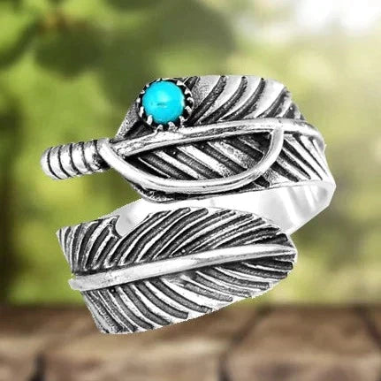 Adjustable Boho Turquoise Feather Ring