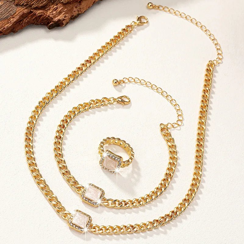 Cuban-Inspired Square Diamond Jewelry Set: Necklace, Bracelet, and Ring