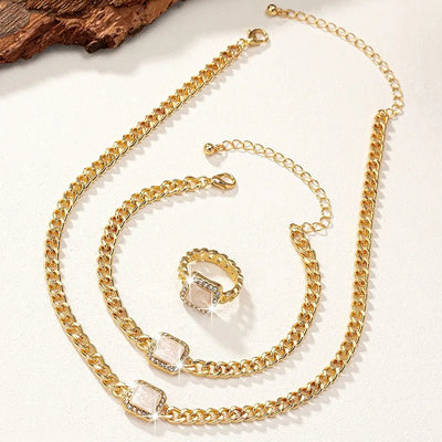 Cuban-Inspired Square Diamond Jewelry Set: Necklace, Bracelet, and Ring