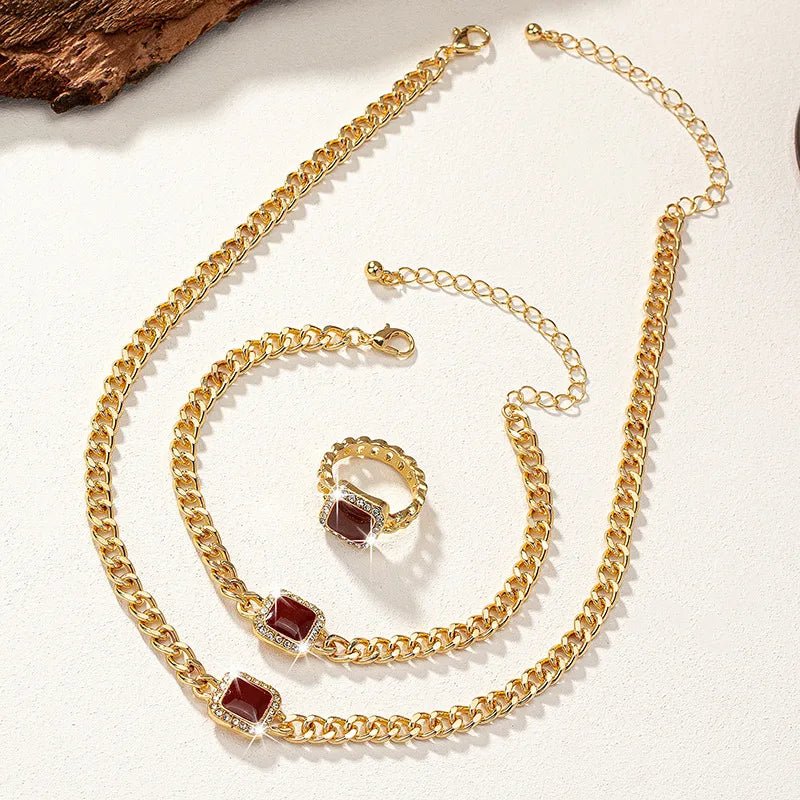 Cuban-Inspired Square Diamond Jewelry Set: Necklace, Bracelet, and Ring