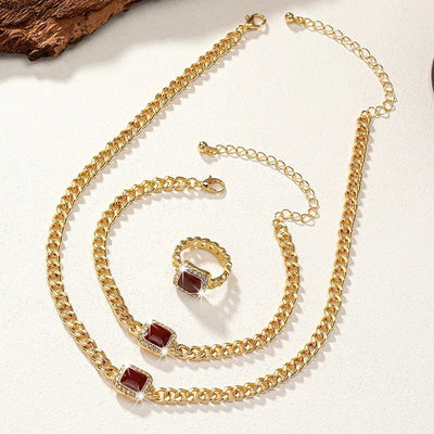 Cuban-Inspired Square Diamond Jewelry Set: Necklace, Bracelet, and Ring