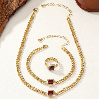 Cuban-Inspired Square Diamond Jewelry Set: Necklace, Bracelet, and Ring