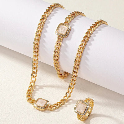 Cuban-Inspired Square Diamond Jewelry Set: Necklace, Bracelet, and Ring