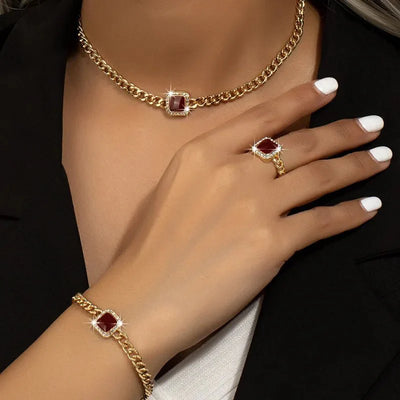 Cuban-Inspired Square Diamond Jewelry Set: Necklace, Bracelet, and Ring