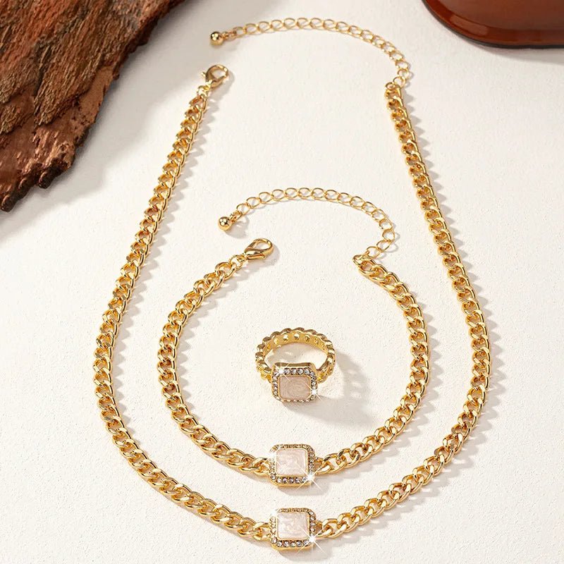 Cuban-Inspired Square Diamond Jewelry Set: Necklace, Bracelet, and Ring
