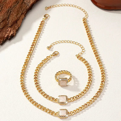 Cuban-Inspired Square Diamond Jewelry Set: Necklace, Bracelet, and Ring
