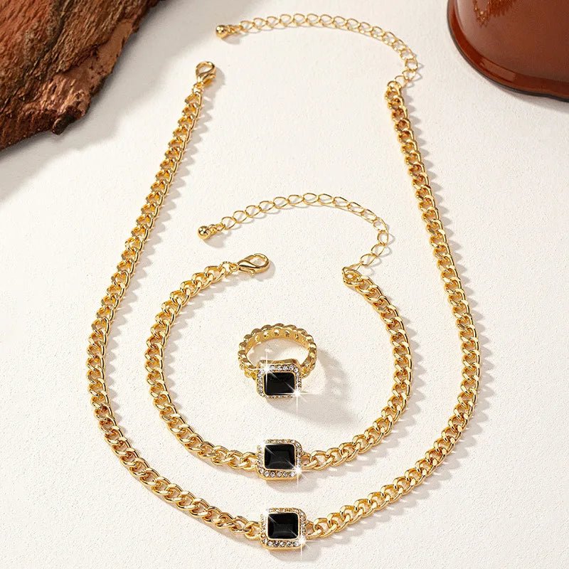 Cuban-Inspired Square Diamond Jewelry Set: Necklace, Bracelet, and Ring