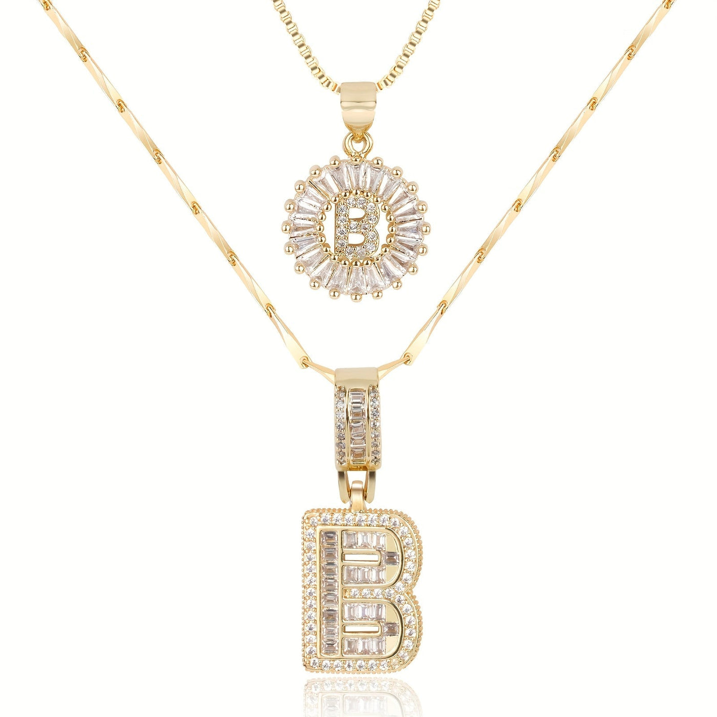 Pair of 14k Gold Initial Necklaces Adorned with Diamonds