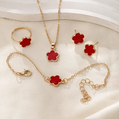 Elegant Floral Clover Jewelry Collection: Necklace, Bracelet, Earrings, and Rings