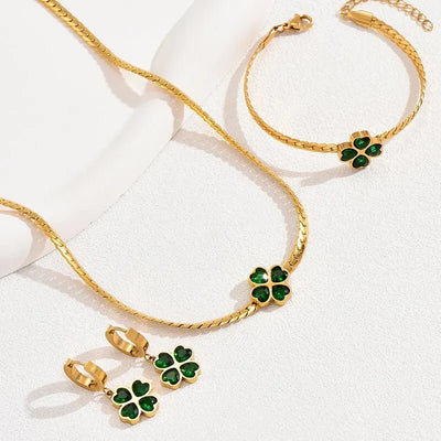 Emerald Four-Leaf Clover Jewelry Collection: Necklace, Bracelet, and Earrings