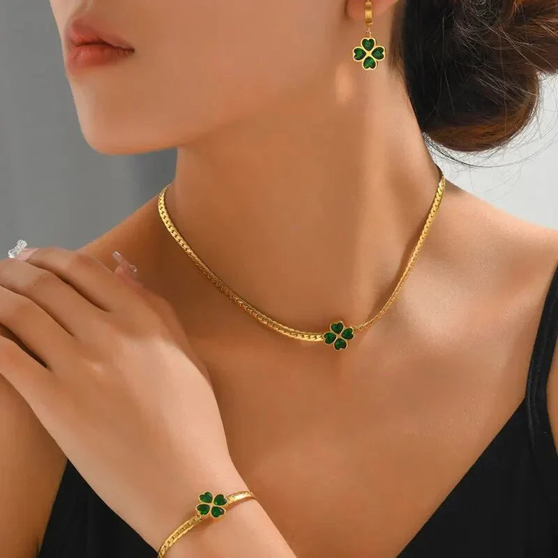 Emerald Four-Leaf Clover Jewelry Collection: Necklace, Bracelet, and Earrings