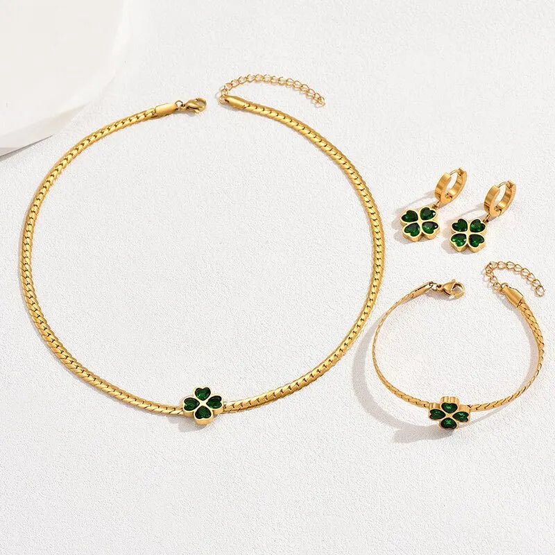 Emerald Four-Leaf Clover Jewelry Collection: Necklace, Bracelet, and Earrings