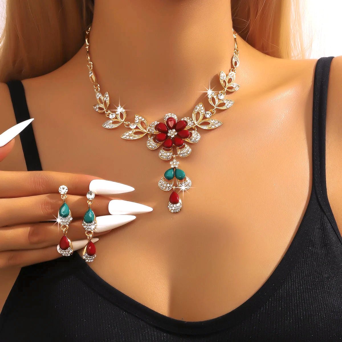 Blooming Floral Diamond Necklace and Earring Ensemble