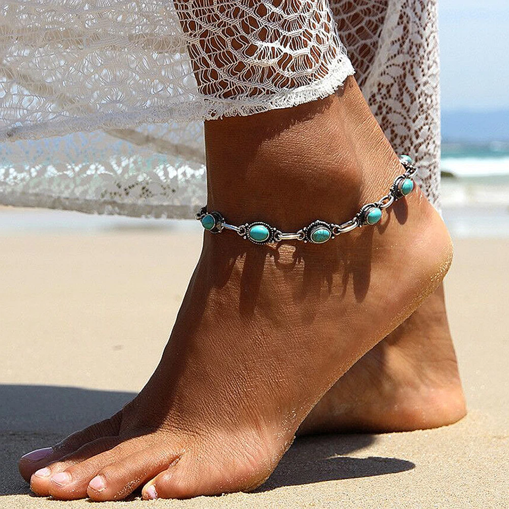 Retro Blue Gemstone Ankle Bracelet