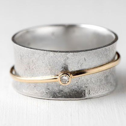 Retro Silver Ring with Golden Line and Zirconia Accents