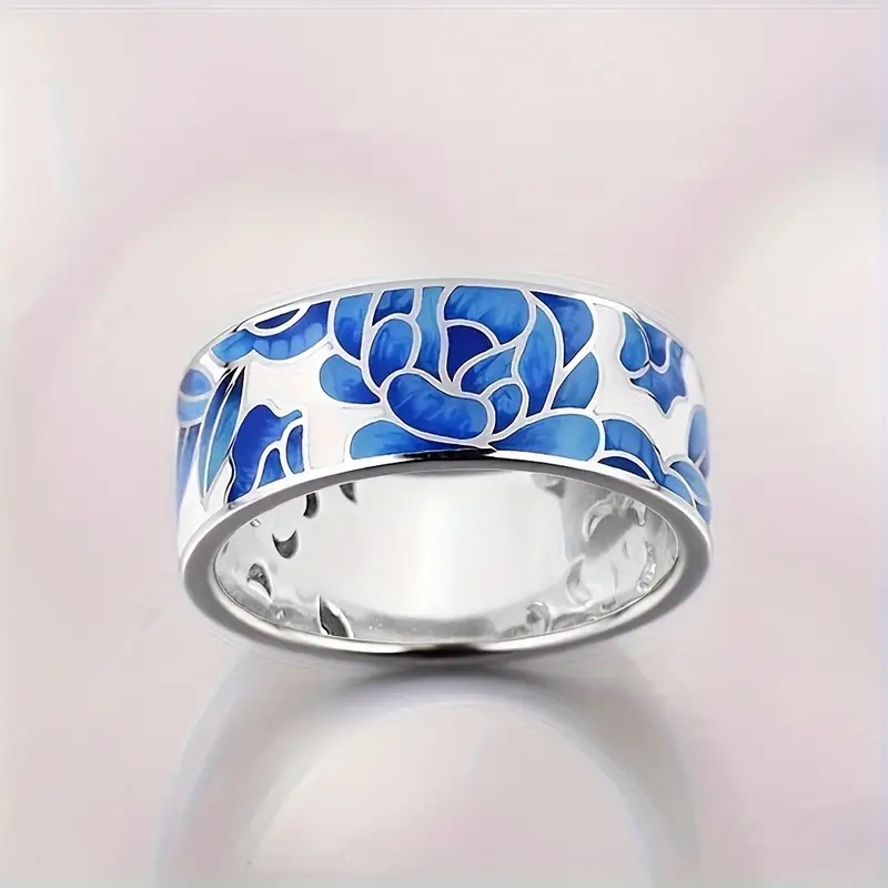 Retro Silver Ring with Blue Enamel Flower Design