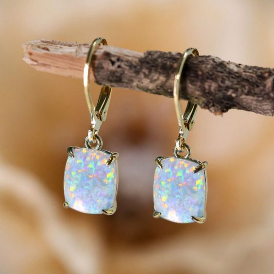 Classic Square White Opal Earrings