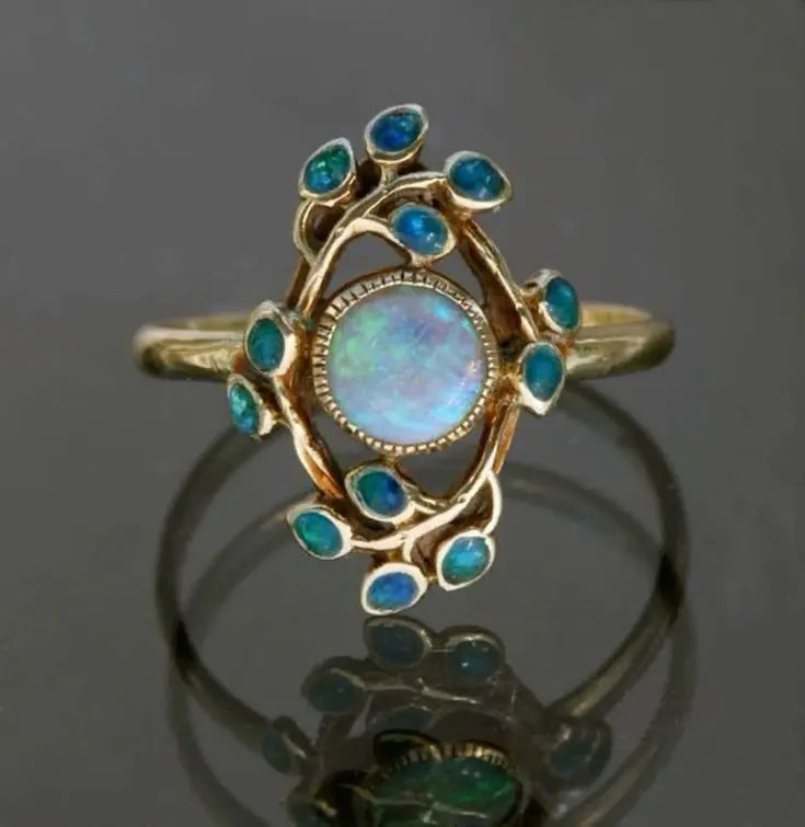 Vintage Blue Ring with Crystals and Opal