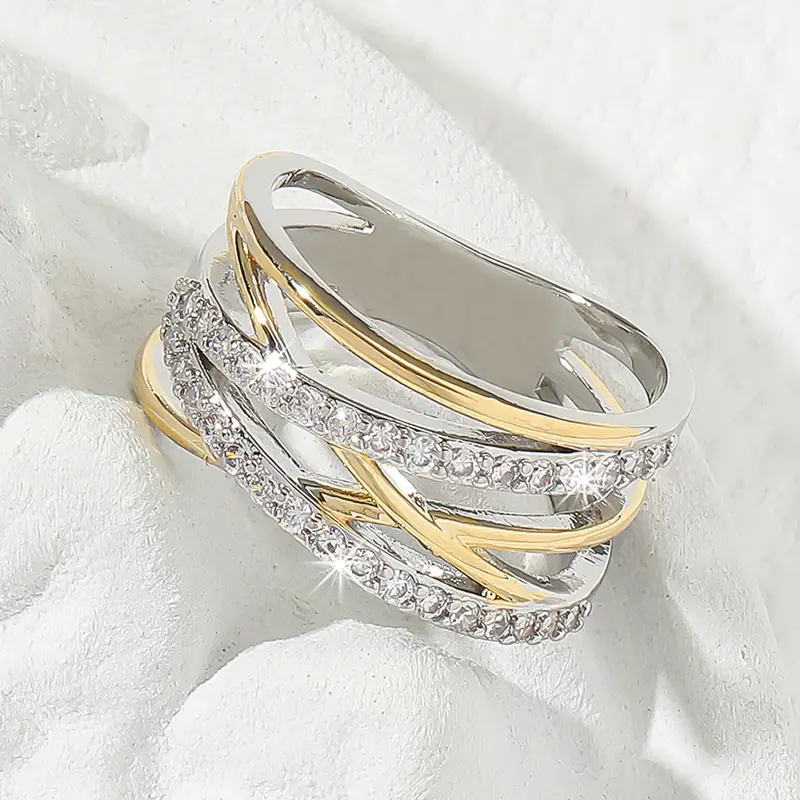 Elegant Tiered Gold and Silver Ring Adorned with Zirconia Accents