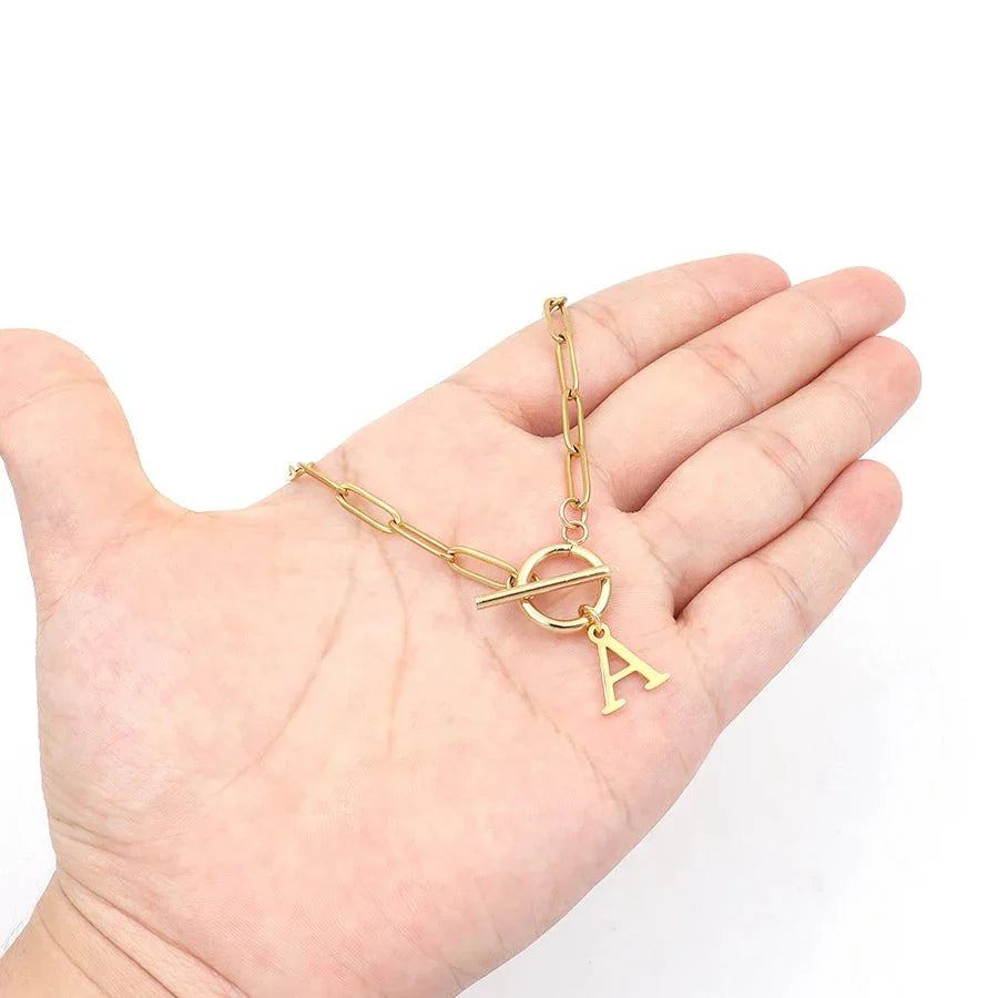 Circle Lock Clasp Necklace Featuring Paperclip Initial Charm