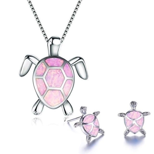 Opal and Silver Sea Turtle Jewelry Set: Necklace and Earrings