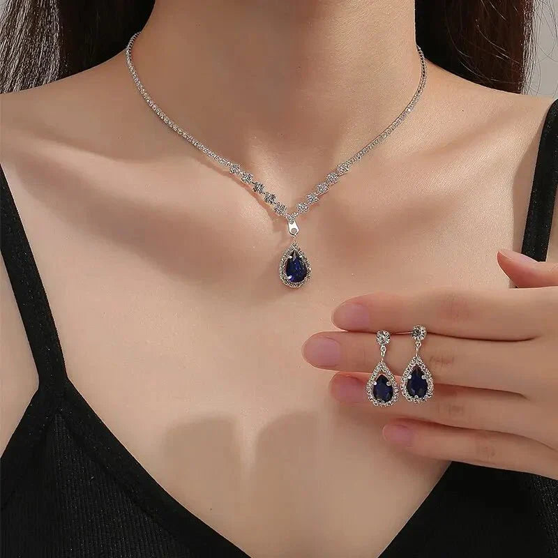 Radiant Blue Teardrop Diamond Necklace and Earring Set