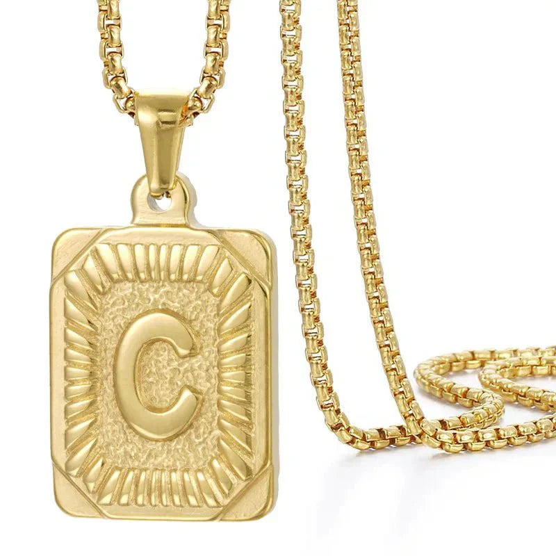 Textured Rectangular Initial Pendant Necklace