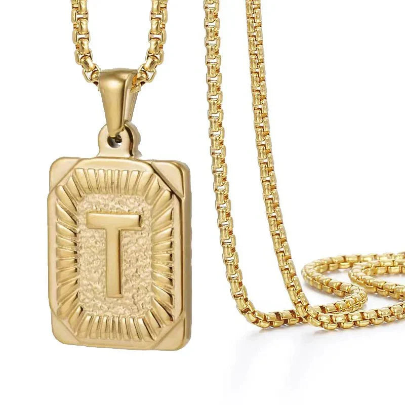 Textured Rectangular Initial Pendant Necklace