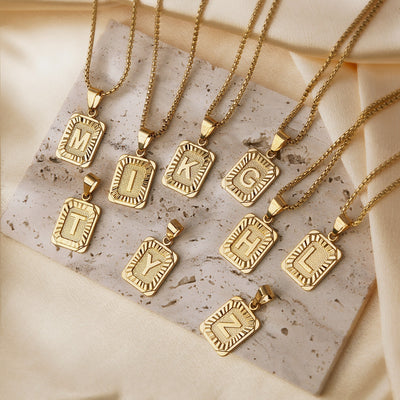Textured Rectangular Initial Pendant Necklace